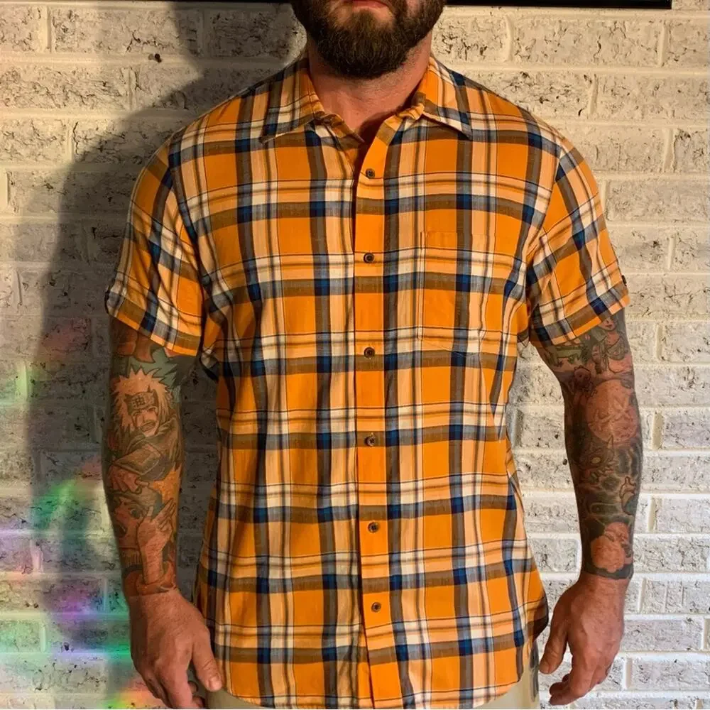 Banana Republic Men's Orange and Blue Plaid Shirt Slim Fit Size Large